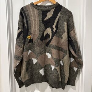 Men's Crewneck Sweater in Olive & Taupe Abstract Pattern with patch large